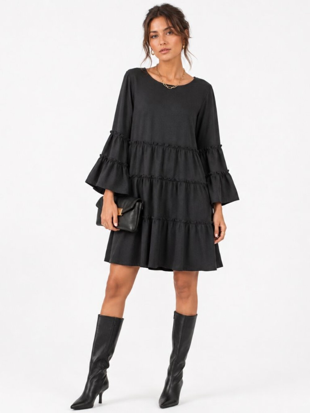 Lauren Ralph Lauren Dress Womens 14 Black Tiered Ruffle Bell Sleeve Cocktail